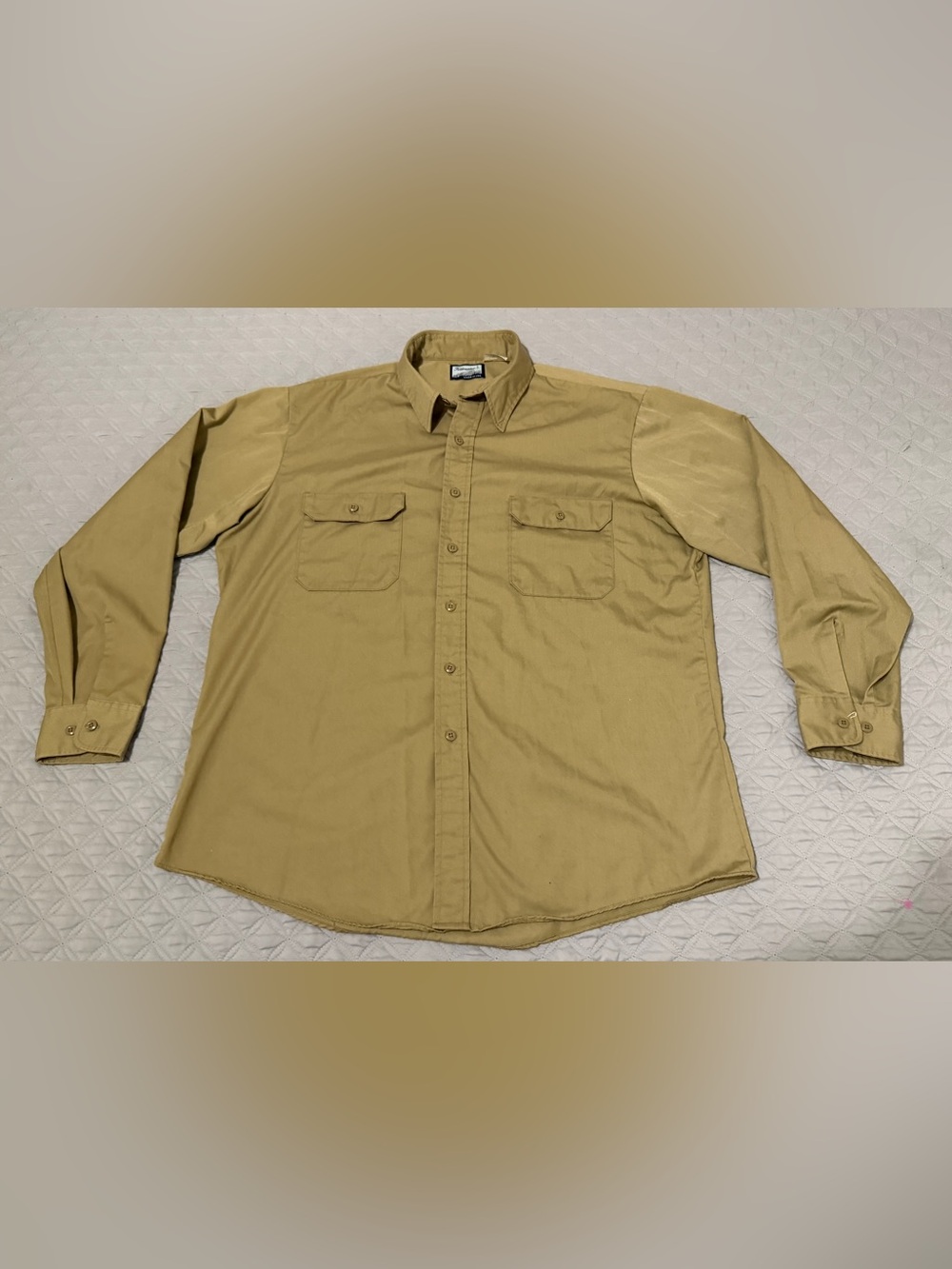 Vintage Fieldmaster Mens XL Button Down Work Shirt Tan Permarest USA Made 80s